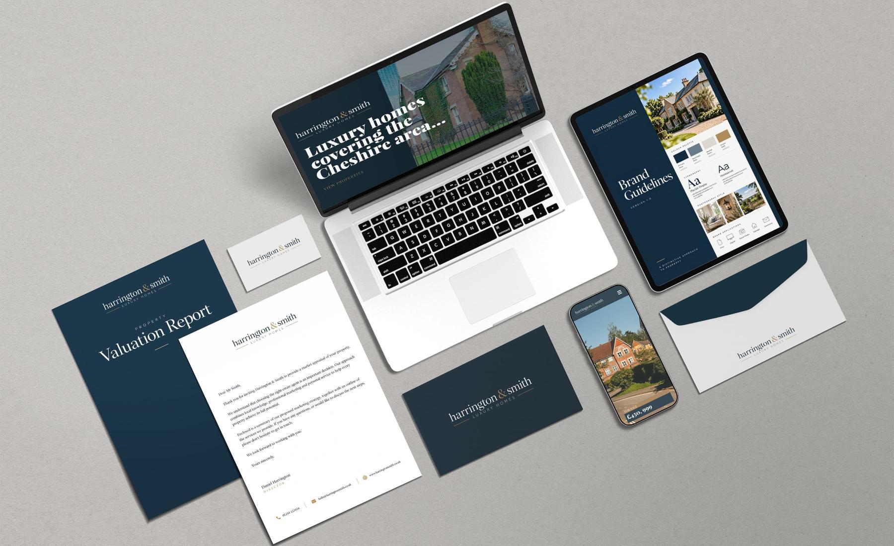 Estate agent brand guidelines showing logo design, colour palette, typography and marketing materials.