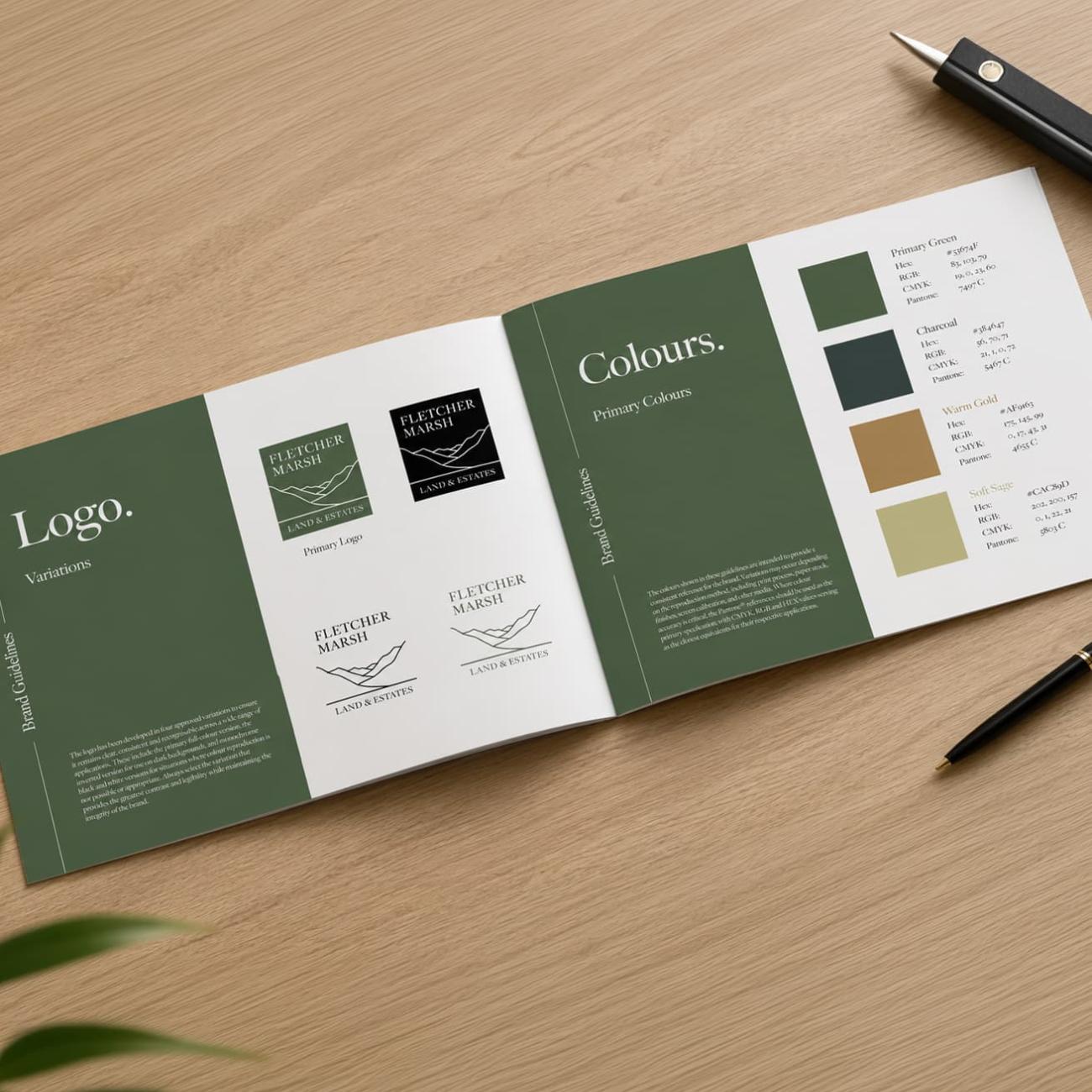 Property brand guidelines showing logo variations, typography and colour palette for a property business.