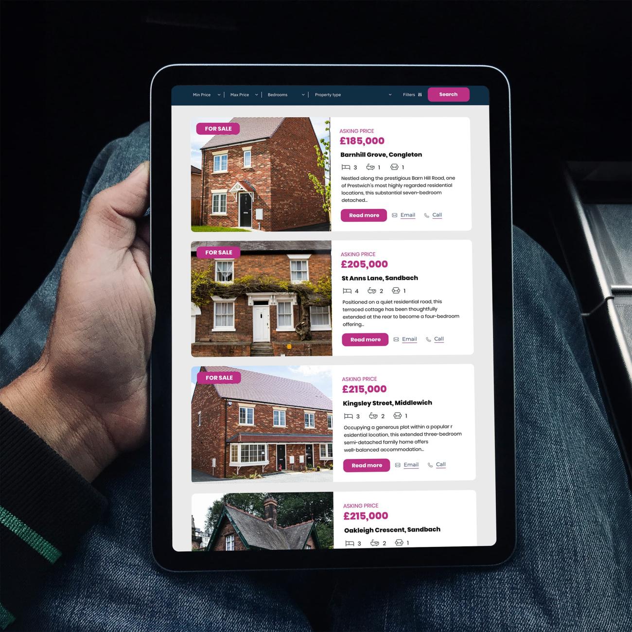 Responsive property website displayed on a tablet device.
