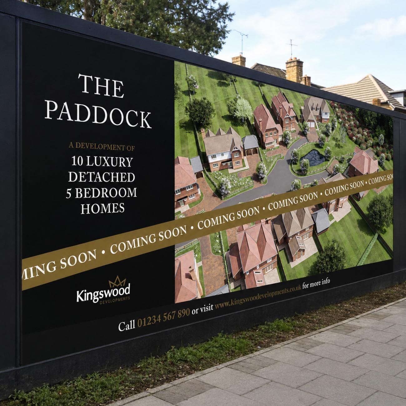 Property development hoarding and site signage promoting a new residential housing development.
